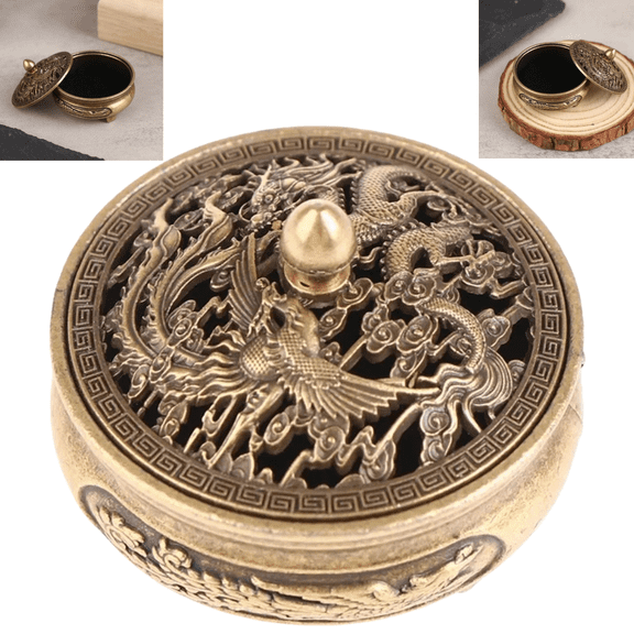 Vintage Dragon Phoenix Carved Incense Burner, Tabletop Round Incense Holder for Home Bedroom Living Room Decor, Portable Aroma Censer for Indoor Fragrance Decorations