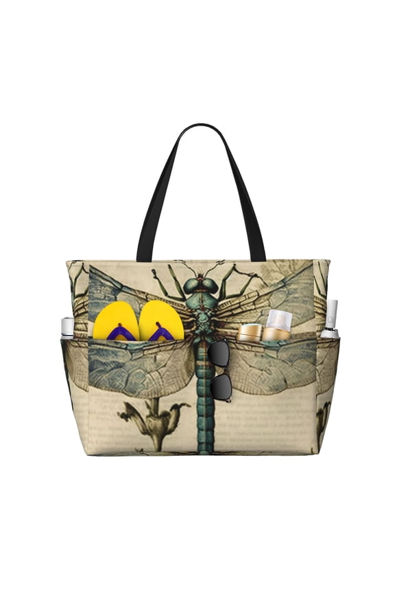 Vintage Dragonfly Art Large Capacity Beach Travel Tote Bag Shoulder Handbag for Gym Camping Shopping