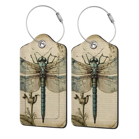 Vintage Dragonfly Art Luggage Tag for Suitcase 2 Pack Leather Travel Bag Baggage Identifiers Privacy Cover ID Label