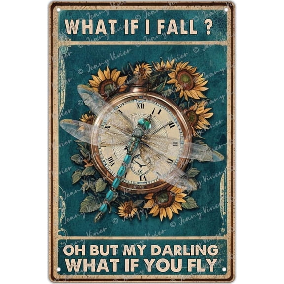Vintage Dragonfly Art, Room Decor, Gifts For Women, What If I Fall Retro Metal Tin Sign, Sunflower Wall Decor, Vintage Decor for Home Parlor Bar Cafe Kitchen Bathroom Decor 5.5x8 Inches