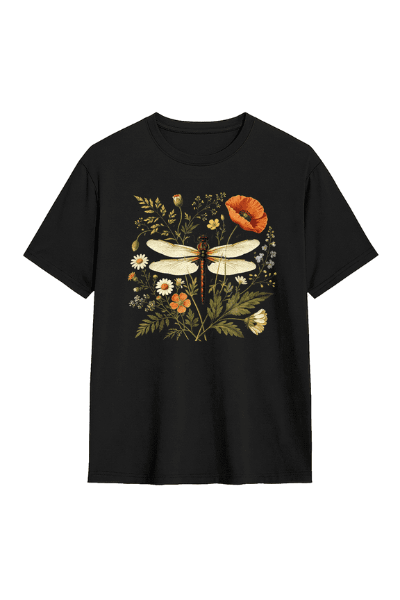 Vintage Dragonfly Botanical Flower Graphic Tee for Men and Women Retro Cottagecore Cotton Short Sleeve T Shirt