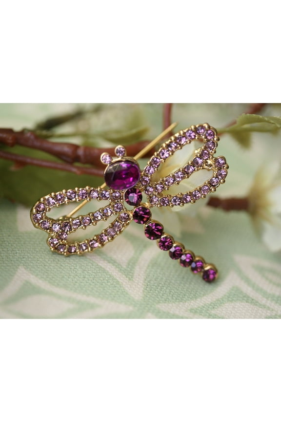 Vintage Dragonfly Brooch Handcrafted Rhinestone Spring Brooch Pin - Purple Crystal  Dragonfly Brooch