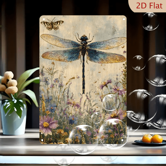 Vintage Dragonfly Floral Metal Tin Sign, 8x12 Inches - Rustic Wall Art for Home, Garden, Cafe, Garage IndoorOutdoor Ironwork Tools Supplies Textured Surfaces, Decorative Signs & Plaques
