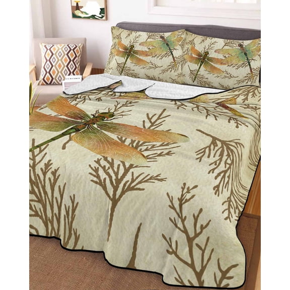 Vintage Dragonfly Full Size Down Alternative Comforter, Lightweight Comforter Quilt Bedding Set with Pillow Shams Vintage Brown Tree Branch All Seasons Bed Comforter Duvet Insert 78"x90"