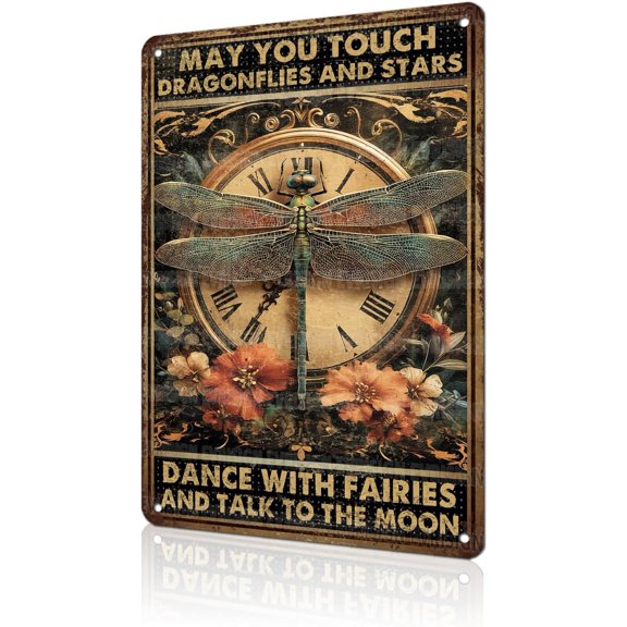 Vintage Dragonfly Metal Tin Sign, Dragonflies and Stars Wall Decor, Nostalgic Quote Plaque for Home, Garden, Balcony, Cafe or Bedroom, 8 x 12 Inch