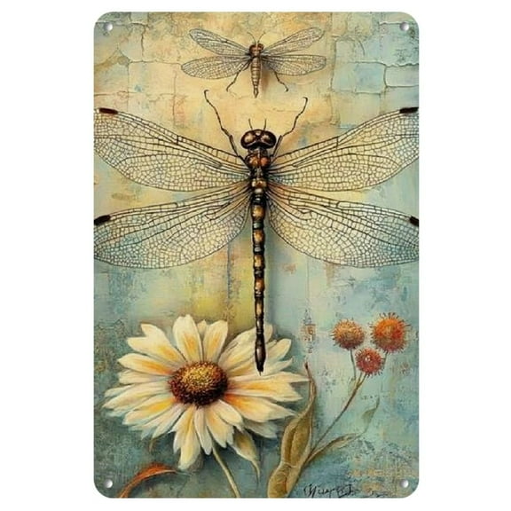 Vintage Dragonfly Metal Wall Art Sign, 8x12in Rustic Decorative Plaque with Aged Blue & Green Patina Finish, Bohemian Style Home, Office, Garage, or Bakery Decor