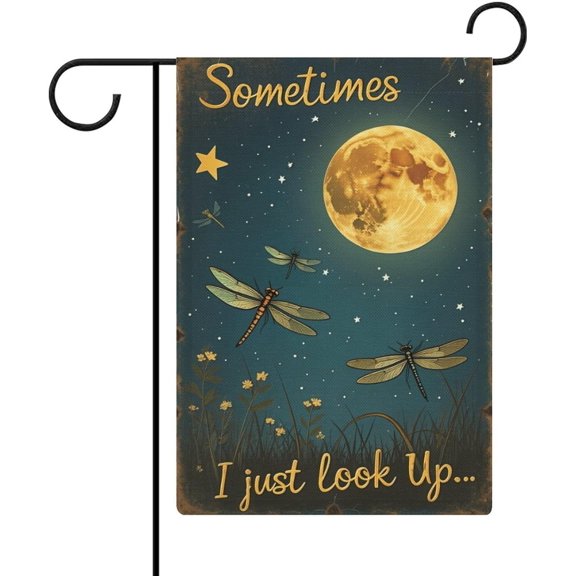 Vintage Dragonfly Moonlight Garden Flag, Sometimes I Just Look Up, 12 x 18 Inch All-Season Small Welcome Flag