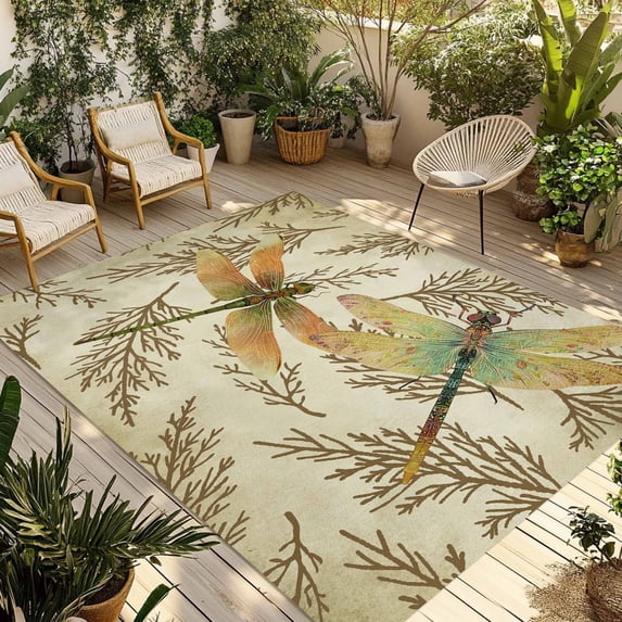 Vintage Dragonfly Outdoor Rug for Patio/Deck/Porch, Non-Slip Large Area Rug 6 x 9 Ft, Vintage Brown Tree Branch Indoor Outdoor Rugs Washable Area Rugs, Reversible Camping Rug Carpet Runner