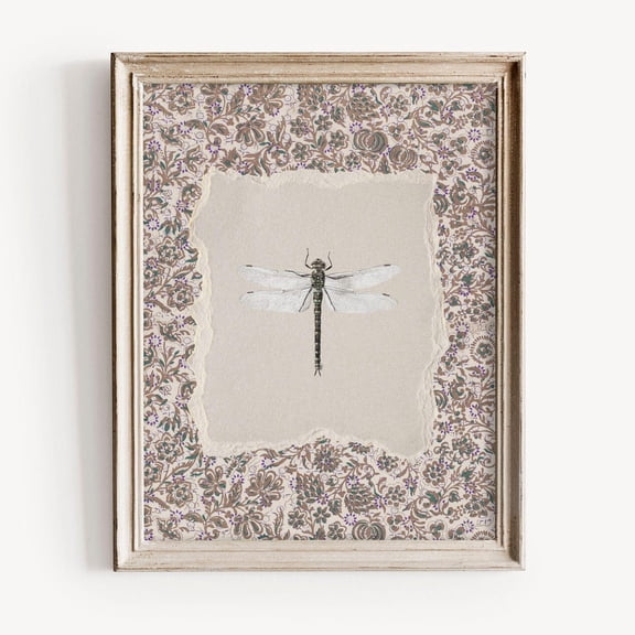 Vintage Dragonfly Print, Rustic Floral Wall Art, Neutral Ripped Paper Effect, Beige Gold Purple Tones, Nature,Inspired Decor Home Decor #1472, Unframed Poster Size 16x24