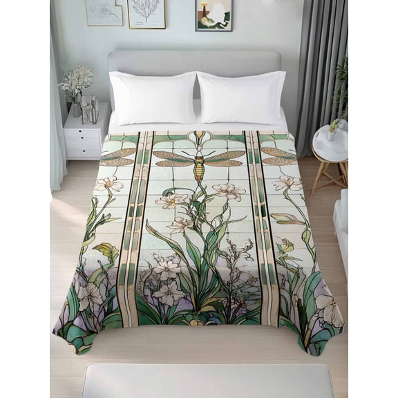 Vintage Dragonfly Queen Size Flat Sheet, Wrinkleproof & Fadeproof Cooling Flat Bed Sheet Only, Botanical Teal Spring Summer Breathable Soft Bedding Top Sheets 90 x 102 Inches