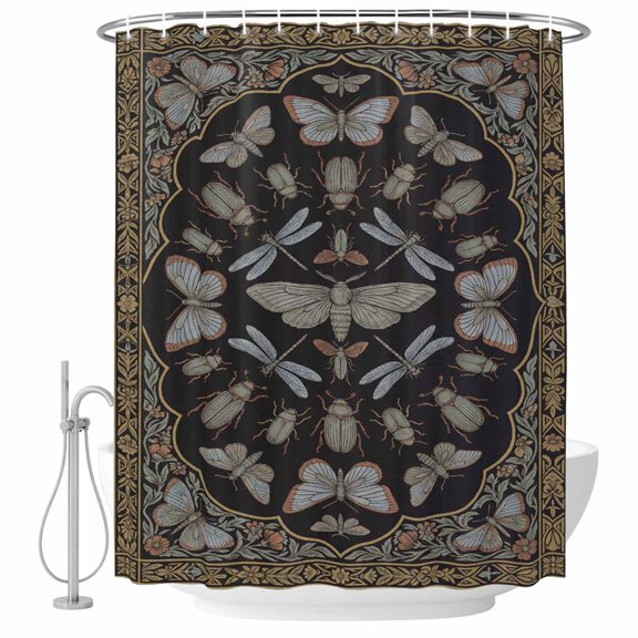 Vintage Dragonfly Shower Curtain, 36"x72", Abstract Butterflies Black Classical Floral Waterproof Bathroom Curtain Washable Shower Curtain Set with 12 Hooks
