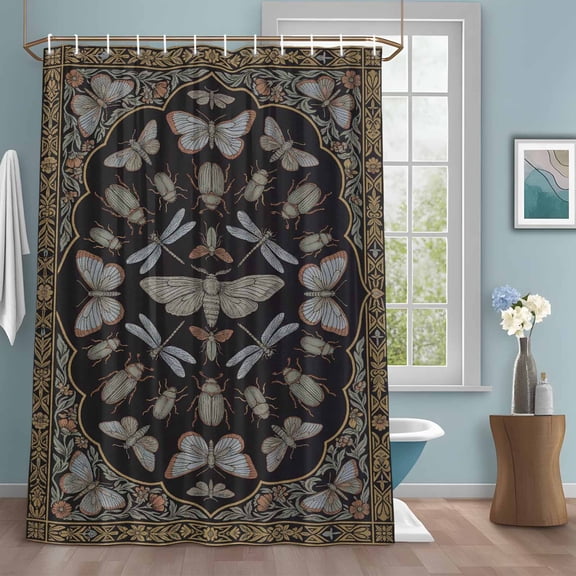 Vintage Dragonfly Shower Curtain with Hooks, Abstract Butterflies Black Classical Floral Water Repellent Shower Curtains for Bathroom Decor Sturdy Shower Curtain, Machine Washable 36x72 Inch