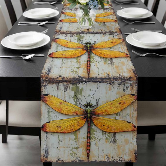 Vintage Dragonfly Table Runner 60 Inches Long, Spring Summer Abstract Oil Painting Kitchen Coffee Dining Table Decoration for Home Party Birthday Wedding Home Decor 13x60 Inches