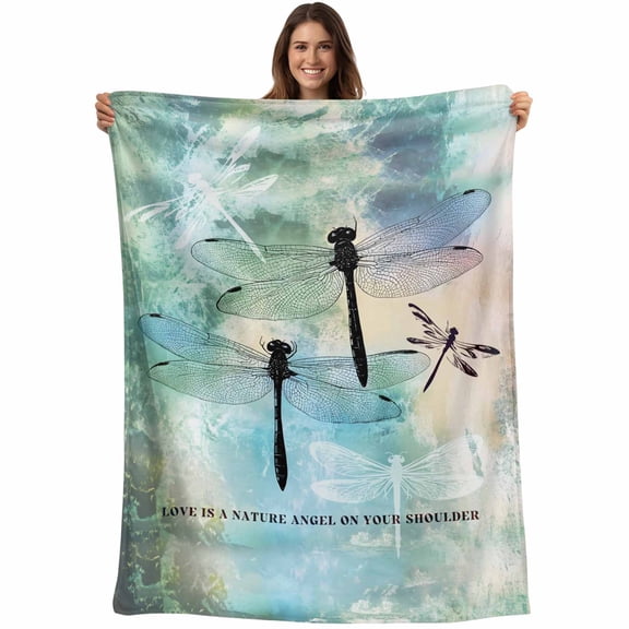Vintage Dragonfly Throw Blankets, Gradient Teal Green Soft Fleece Blanket Decorative for Home Sofa Couch Chair Living Bedroom, 50x60 inches,