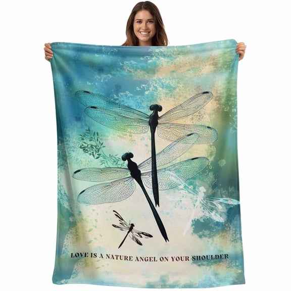 Vintage Dragonfly Throw Blankets, Teal Green Soft Fleece Blanket Decorative for Home Sofa Couch Chair Living Bedroom, 30x40 Inches,