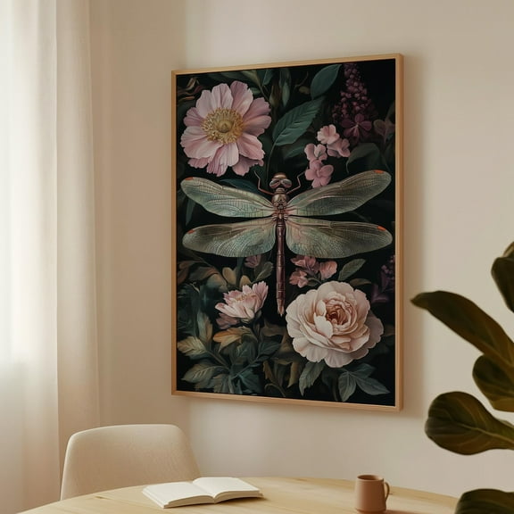 Vintage Dragonfly Wall Art – Botanical Insect Print – Elegant Floral Nature Decor – Cottagecore Aesthetic – Garden Lover Gift Wall Art, Modern Wall Decor, 8x12 UNFRAMED