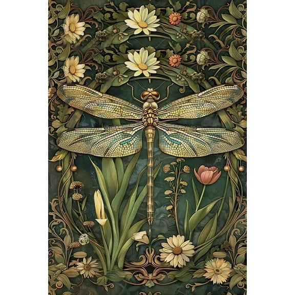 Vintage Dragonfly Wall Art Green Botanical Dragonfly Wall Decor Artwork Nature Flowers Picture Poster  Home Bedroom Decor poster