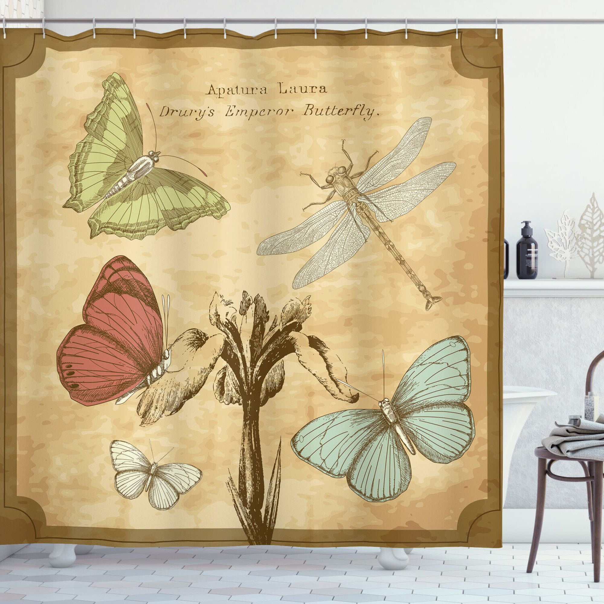 Vintage Dragonfly and Butterfly Print Shower Curtain: Nature-Inspired Bathroom Decor with Insect ...