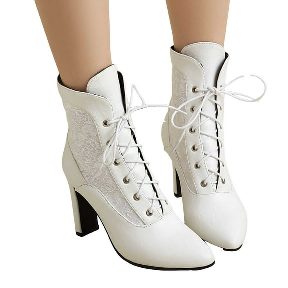 Vintage Dress Combat Boots for Women Mid Century Lace Leather Patchwork Pointed Toe Lace up High Heel Short Ankle Booties White Size 7.5
