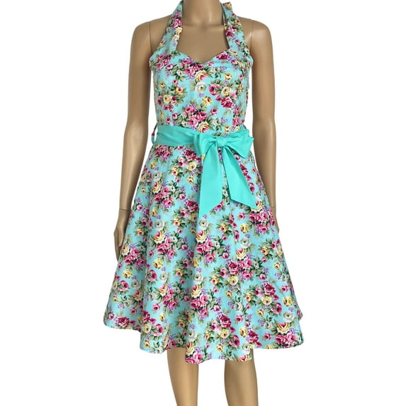 Vintage Dress Halter Neck Backless Floral Print Dress Blue