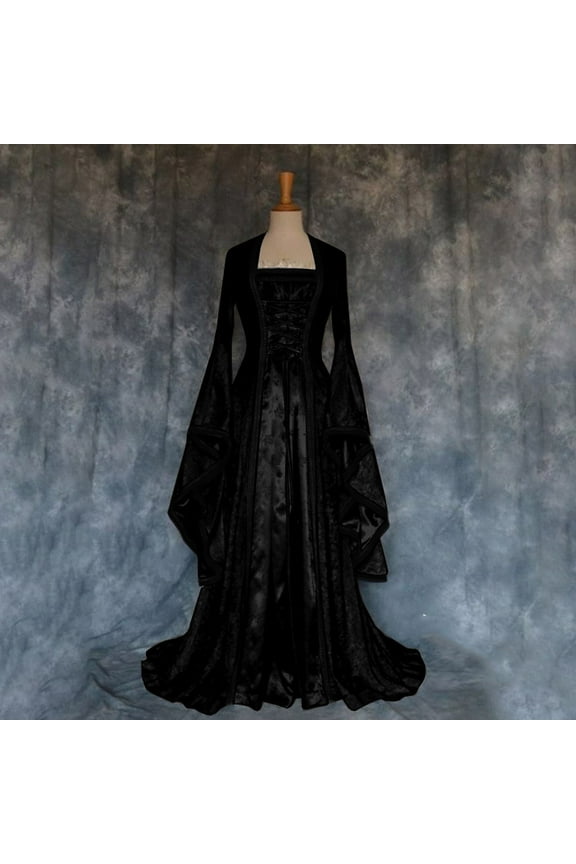 Vintage Dress Womens Medieval Gothic Dress Square Neck Lace Dress Long Sleeve Gothic Dress Maxi Length