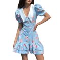 thumbnail image 1 of Vintage Dress for Women 1950s Pastoral Style Cocktail Dresses Lapel Puff Sleeve Back Tie Mini Dress Blue L, 1 of 10