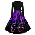 thumbnail image 1 of Vintage Dress for women Halloween Skull Print Long Sleeve Flare Midi Dresses Retro 50s A-line Party Dress with Belt, 1 of 3