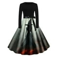 thumbnail image 1 of Vintage Dress for women Halloween Skull Print Long Sleeve Flare Midi Dresses Retro 50s A-line Party Dress with Belt, 1 of 3