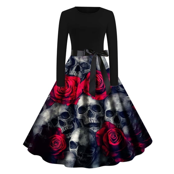 Vintage Dress for women Halloween Skull Print Long Sleeve Flare Midi Dresses Retro 50s A-line Party Dress with Belt