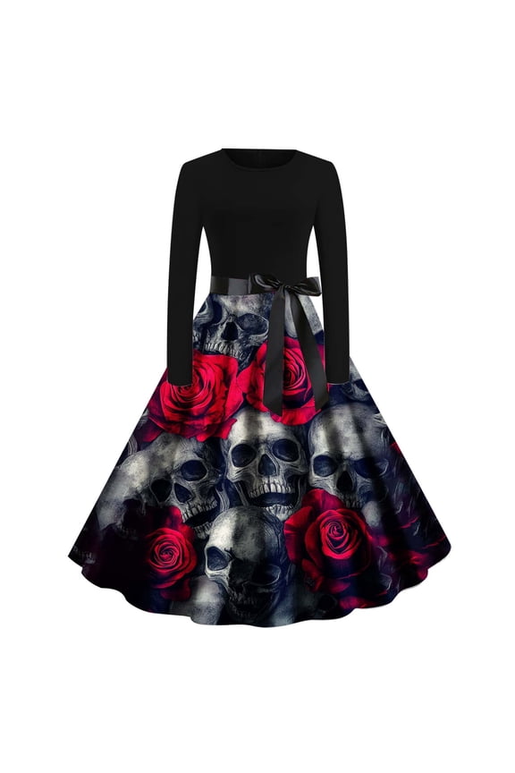 Vintage Dress for women Halloween Skull Print Long Sleeve Flare Midi Dresses Retro 50s A-line Party Dress with Belt