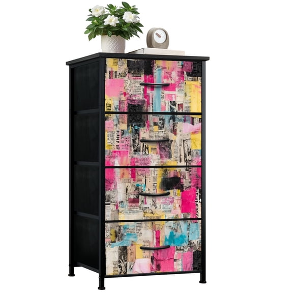 Vintage Dresser for Bedroom with 4 Storage Drawers Abstract Geometric Bold Shapes Vibrant Colors Dressers Chest of Drawers Steel Framed Fabric Closet Organizers for Nursery Entryway