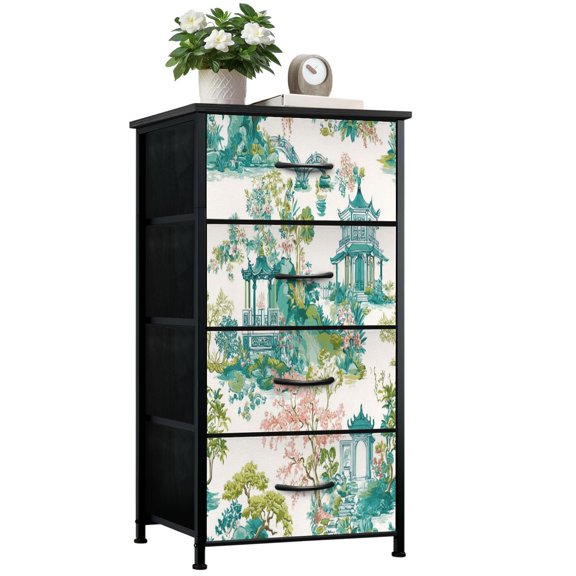 Vintage Dresser for Bedroom with 4 Storage Drawers Chinese Garden Landscape Pagodas Bridges Floral Motifs Dressers Chest of Drawers Steel Framed Fabric Closet Organizers for Nursery Entryway