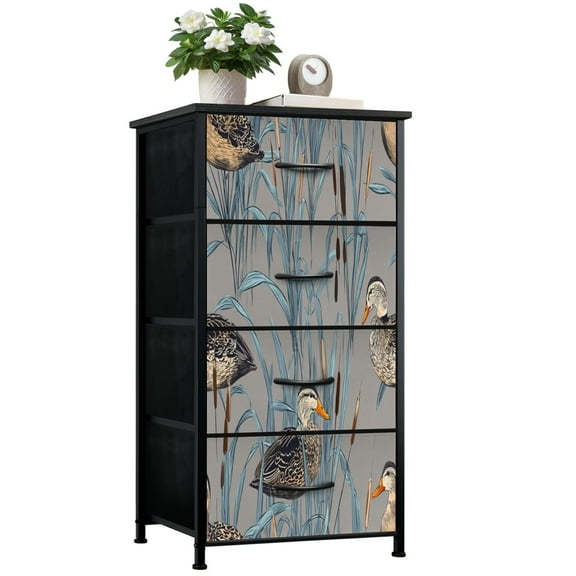 Vintage Dresser for Bedroom with 4 Storage Drawers Duck Blue Grass Brown Reeds Nature Dressers Chest of Drawers Steel Framed Fabric Closet Organizers for Nursery Entryway