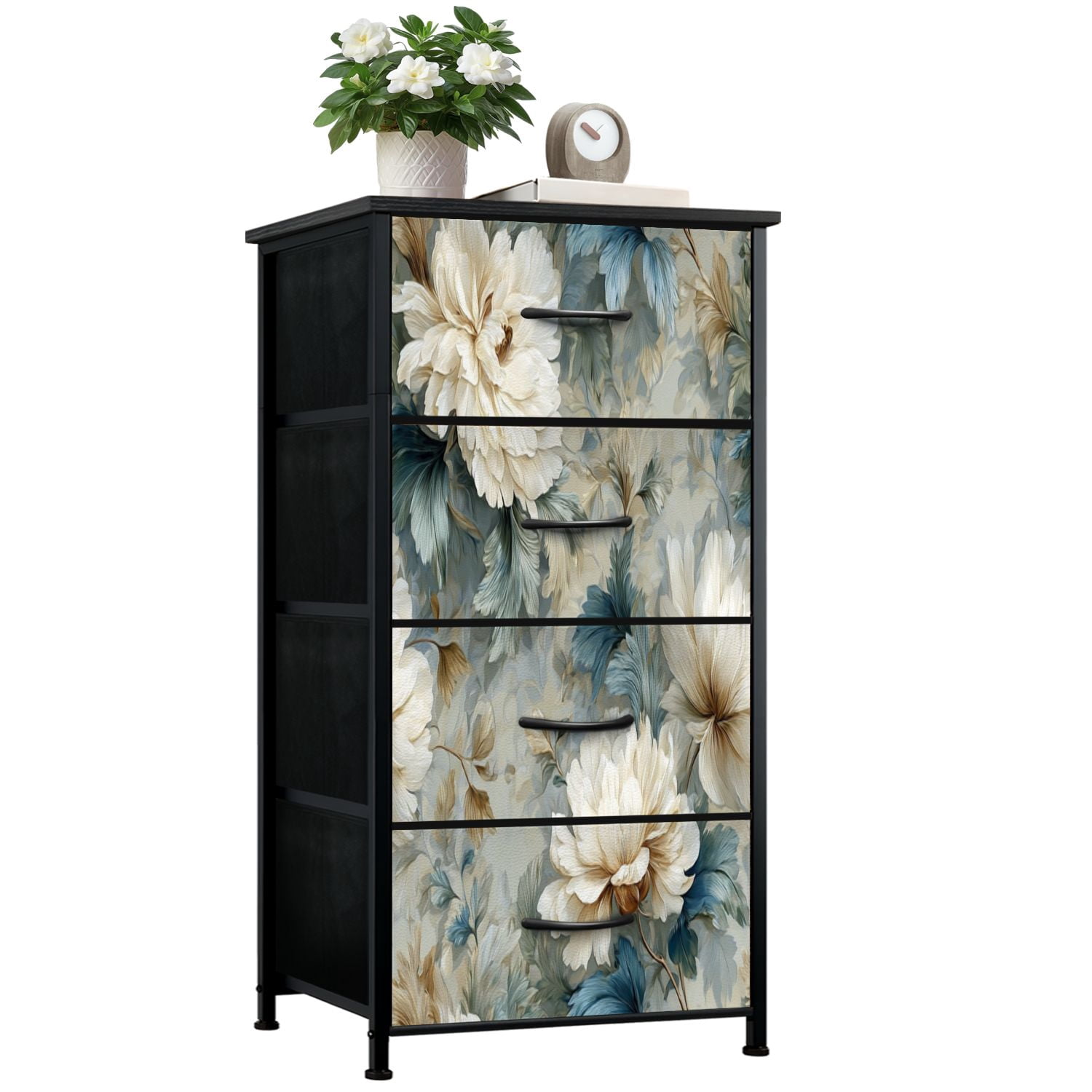Vintage Dresser for Bedroom with 4 Storage Drawers Elegant Cream Peony Flowers Blue Beige Leaves Vintage Floral Dressers Chest of Drawers Steel Framed Fabric Closet Organizers for Nursery Entryway