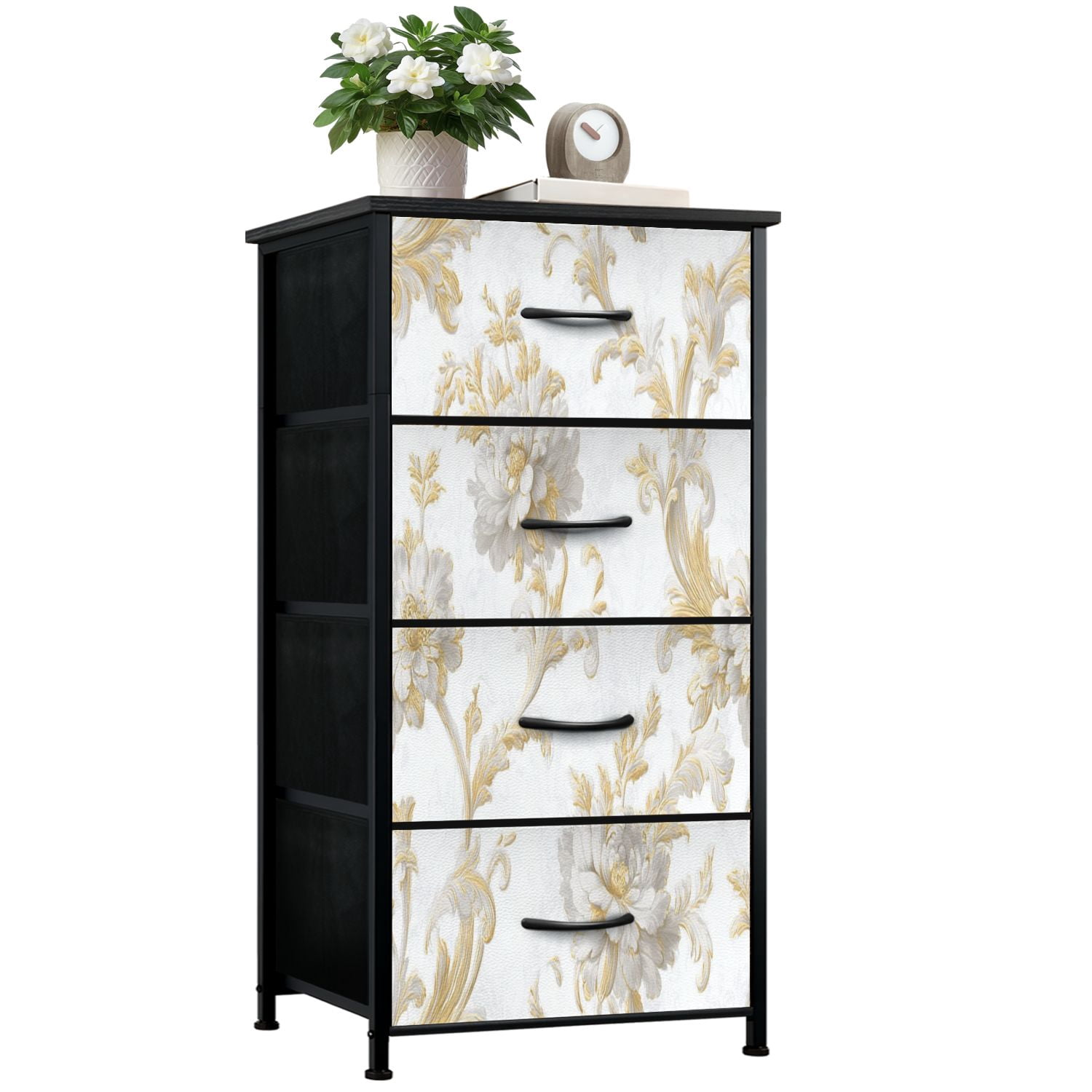 Vintage Dresser for Bedroom with 4 Storage Drawers Elegant Floral White Gold Flowers Light Dressers Chest of Drawers Steel Framed Fabric Closet Organizers for Nursery Entryway