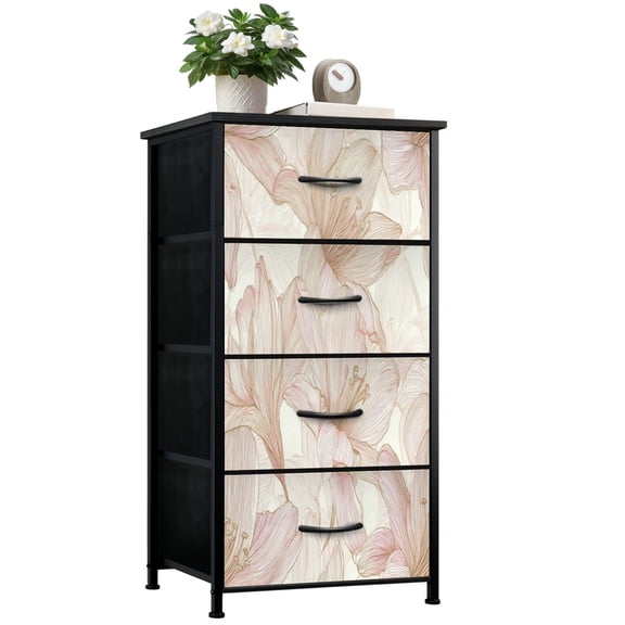 Vintage Dresser for Bedroom with 4 Storage Drawers Elegant Pink Lily Floral Fine Line Art Cream Dressers Chest of Drawers Steel Framed Fabric Closet Organizers for Nursery Entryway