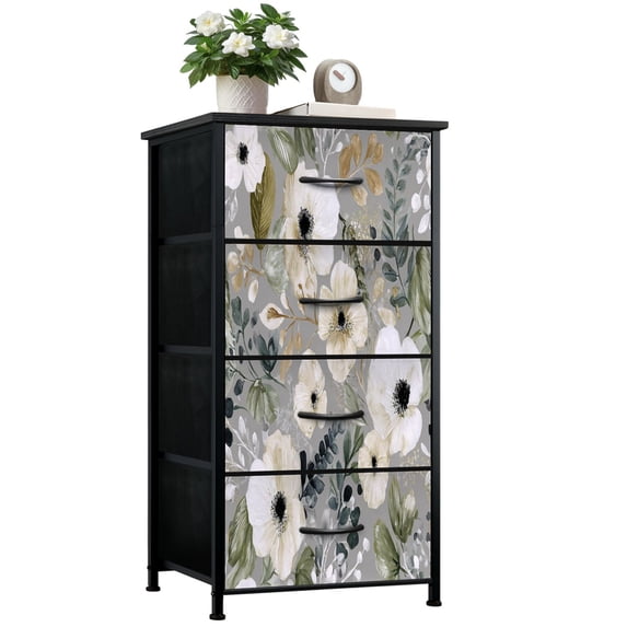 Vintage Dresser for Bedroom with 4 Storage Drawers Floral White Anemones Greenery Soft Gold Accents Grey Dressers Chest of Drawers Steel Framed Fabric Closet Organizers for Nursery Entryway