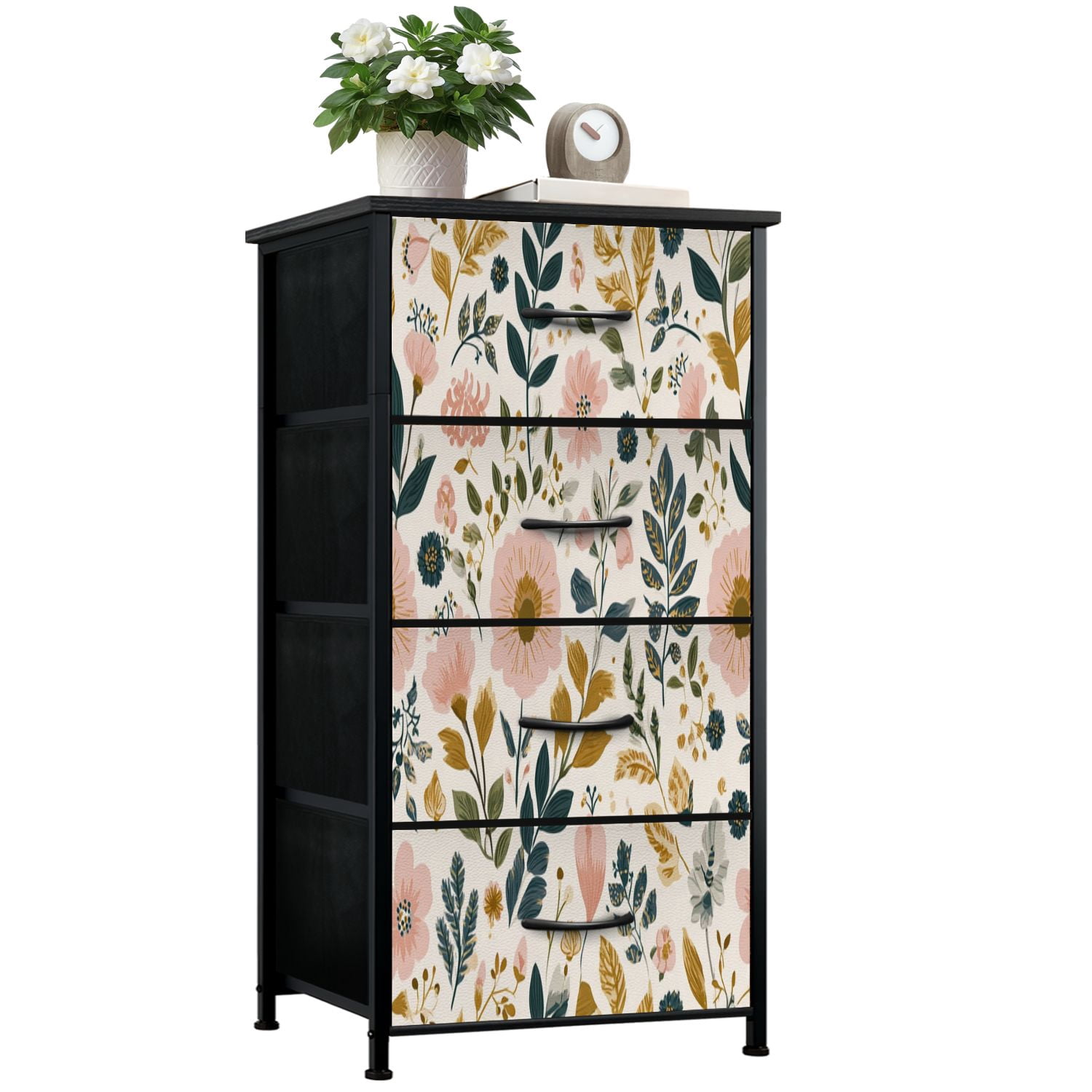 Vintage Dresser for Bedroom with 4 Storage Drawers Seamless Botanical Floral Pink Flowers Green Leaves Cream Dressers Chest of Drawers Steel Framed Fabric Closet Organizers for Nursery Entryway