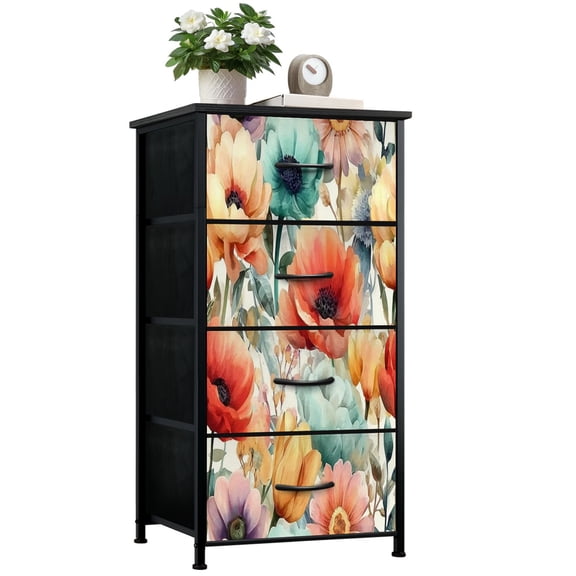 Vintage Dresser for Bedroom with 4 Storage Drawers Vibrant Watercolor Floral Colorful Blooms Dressers Chest of Drawers Steel Framed Fabric Closet Organizers for Nursery Entryway