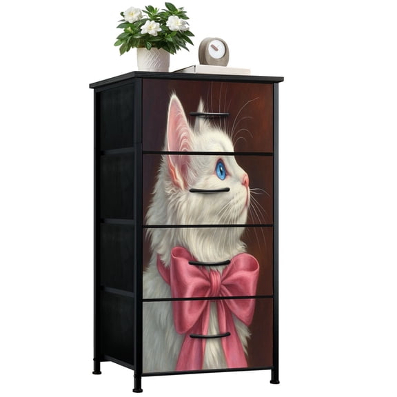 Vintage Dresser for Bedroom with 4 Storage Drawers White Cat Blue Eyes Pink Bow Dressers Chest of Drawers Steel Framed Fabric Closet Organizers for Dorm Entryway