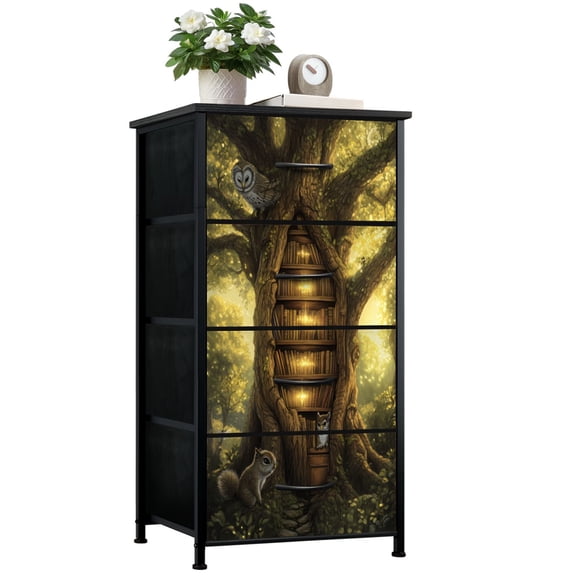 Vintage Dresser for Bedroom with 4 Storage Drawers Wooden Bookshelf Tree Trunk Artwork Dressers Chest of Drawers Steel Framed Fabric Closet Organizers for Entryway