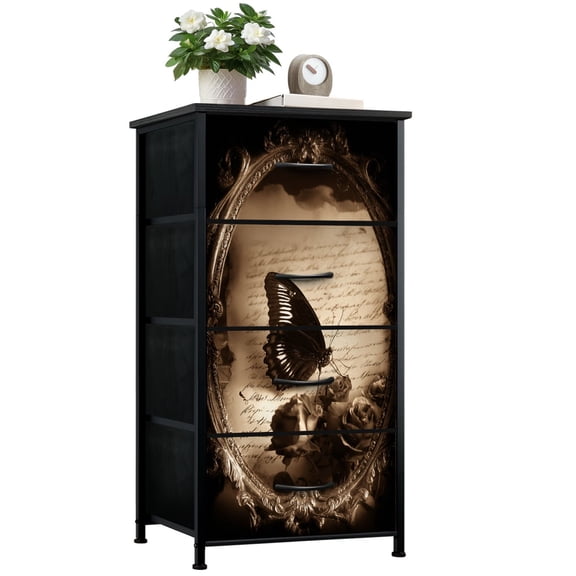 Vintage Dresser for Bedroom with 4 Storage Drawers gothic Butterfly Aged Roses Vintage Baroque Frame Dressers Chest of Drawers Steel Framed Fabric Closet Organizers for Girls Dorm Entryway End Table