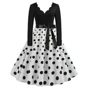 Vintage Dresses for Women 1950s Polka Dot Rockabilly Vintage Retro Dress Sexy V Neck Long Sleeve Flared A Line Swing Dress Ladies Knee Length Elegant Cocktail Party Evening Prom Dress