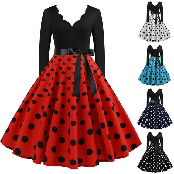 Vintage Dresses for Women 1950s Polka Dot Rockabilly Vintage Retro Dress Sexy V Neck Long Sleeve Flared A Line Swing Dress Ladies Knee Length Elegant Cocktail Party Evening Prom Dress