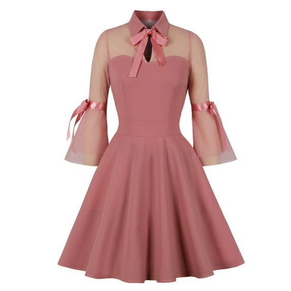 Vintage Dresses for Women 1950s Rockabilly Retro Long Sleeve Lace Dress with Collar Flared A Line Swing Dress Ladies Patchwork Knee Length Elegant Cocktail Party Evening Prom Dress