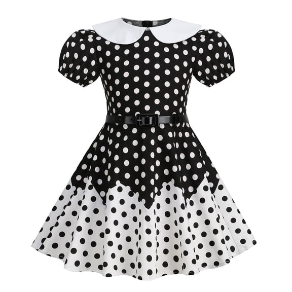 Vintage Dresses for Girls Retro Audery 50s Polka Dot Doll Collar Swing Dress Casual Slimming Rockabilly Party Gown Black 4 Years