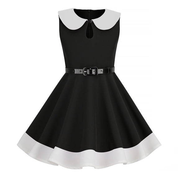 Vintage Dresses for Girls Retro Audery 50s Sleeveless Swing Dress with Belt Casual Slimming Rockabilly Party Gown Black 4 Years