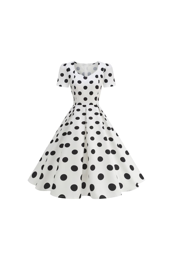 Vintage Dresses for Women 1950s Floral Polka Dot Short Sleeve Sweetheart Neck A-Line Swing Midi Prom Retro Rockabilly Dress