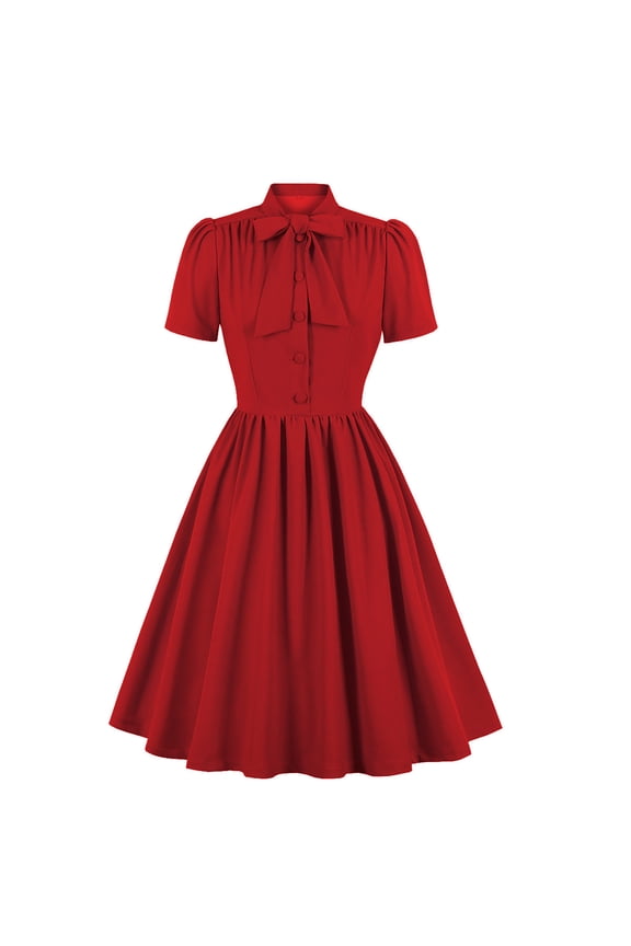 Vintage Dresses for Women Retro Bow Tie Short Sleeve Buttons Tea Dress Casual A Line Swing Cocktail Midi Dresses