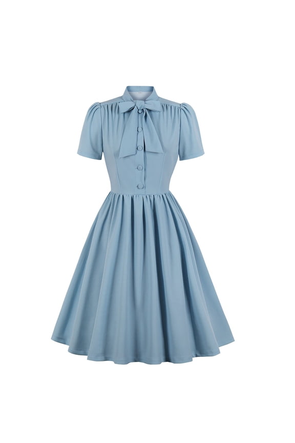 Vintage Dresses for Women Retro Bow Tie Short Sleeve Buttons Tea Dress Casual A Line Swing Cocktail Midi Dresses